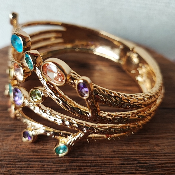 Gold Tone NEW Clamper Bracelet Multi Gemstone Open Back Topaz Citrine Purple - Picture 5 of 12